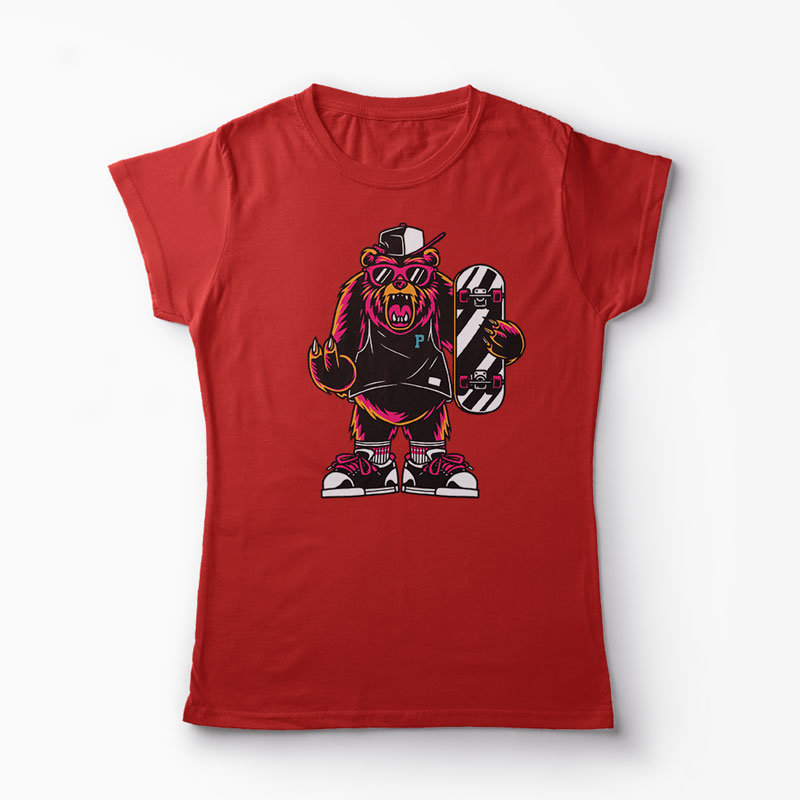 Tricou Urs Skateboard - Femei-Roșu