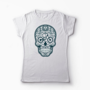 Tricou Personalizat Craniu Downhill Mountain Bike - Femei-Alb