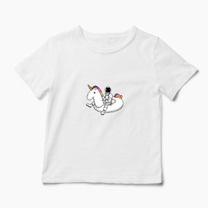 Tricou Personalizat Unicorn Plutitor cu Astronaut - Copii-Alb