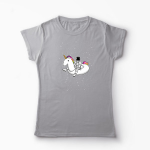 Tricou Personalizat Unicorn Plutitor cu Astronaut - Femei-Gri