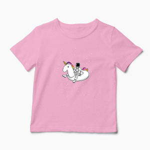 Tricou Personalizat Unicorn Plutitor cu Astronaut - Copii-Roz