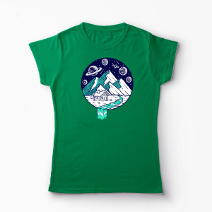 Tricou Personalizat Vedere Munte Noapte Planete Stele - Femei-Verde