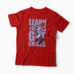 Tricou Skateboard Learn Tricks Get Chicks - Bărbați-Roșu