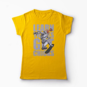 Tricou Skateboard Learn Tricks Get Chicks - Femei-Galben