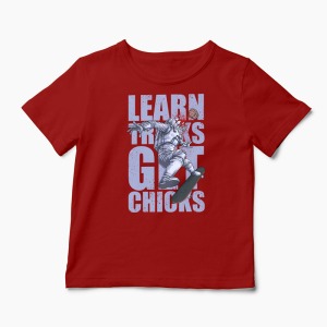 Tricou Skateboard Learn Tricks Get Chicks - Copii-Roșu