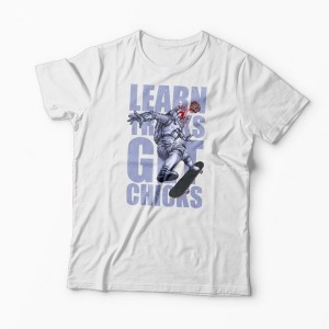 Tricou Skateboard Learn Tricks Get Chicks - Bărbați-Alb