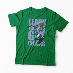 Tricou Skateboard Learn Tricks Get Chicks - Bărbați-Verde
