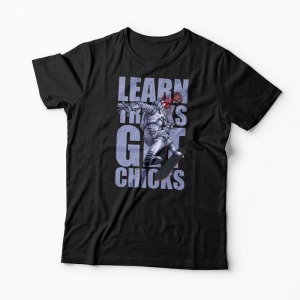 Tricou Skateboard Learn Tricks Get Chicks - Bărbați-Negru