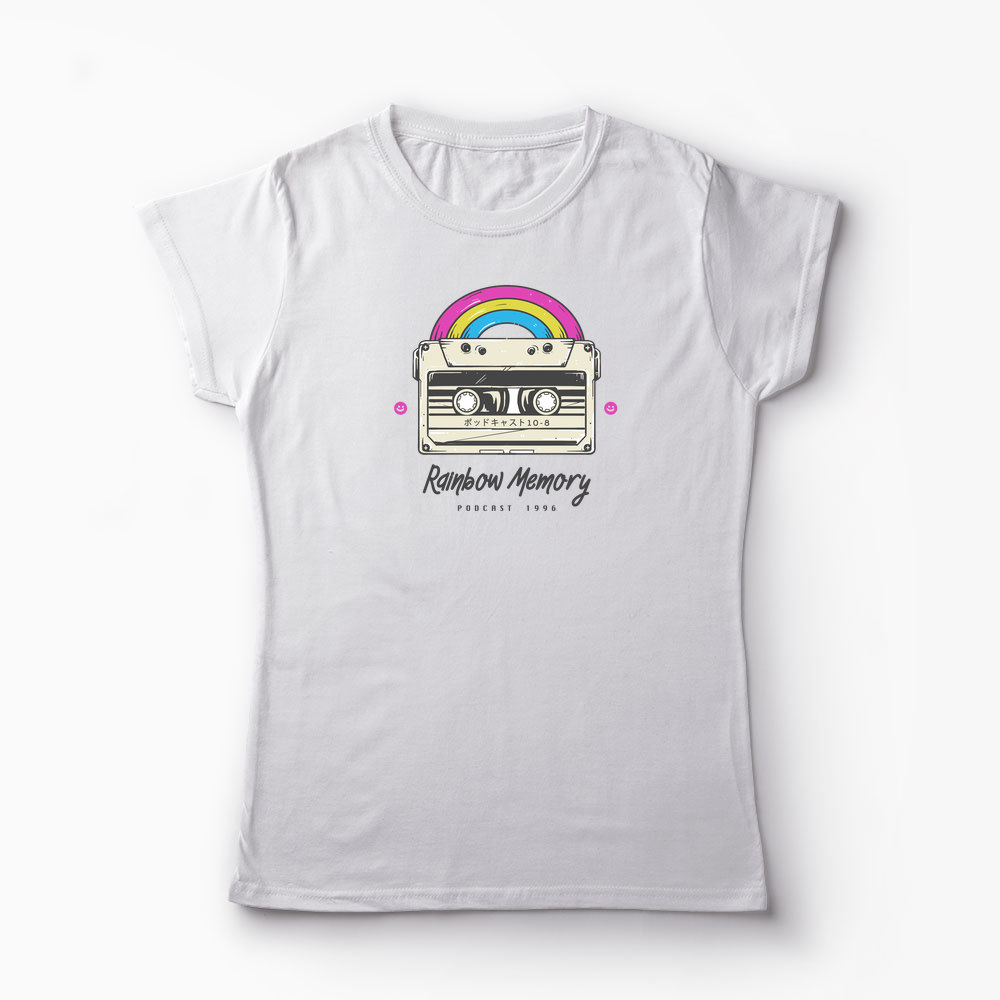Tricou Curcubeu Casetă Audio Retro - Femei-Alb