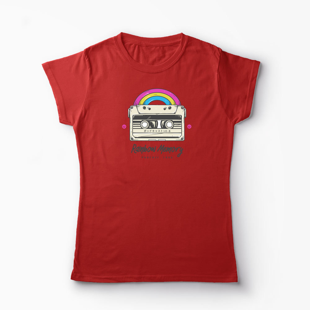 Tricou Curcubeu Casetă Audio Retro - Femei-Roșu