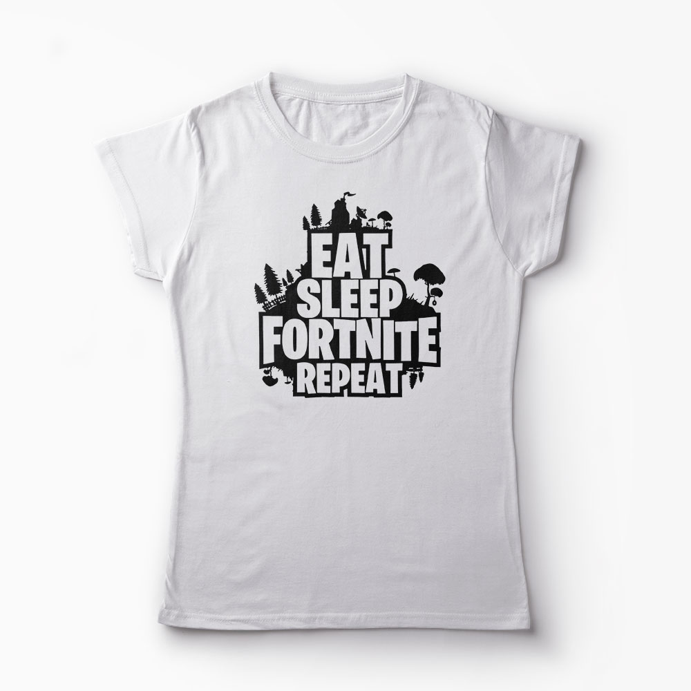 Tricou Fortnite Eat Sleep Repeat - Femei-Alb