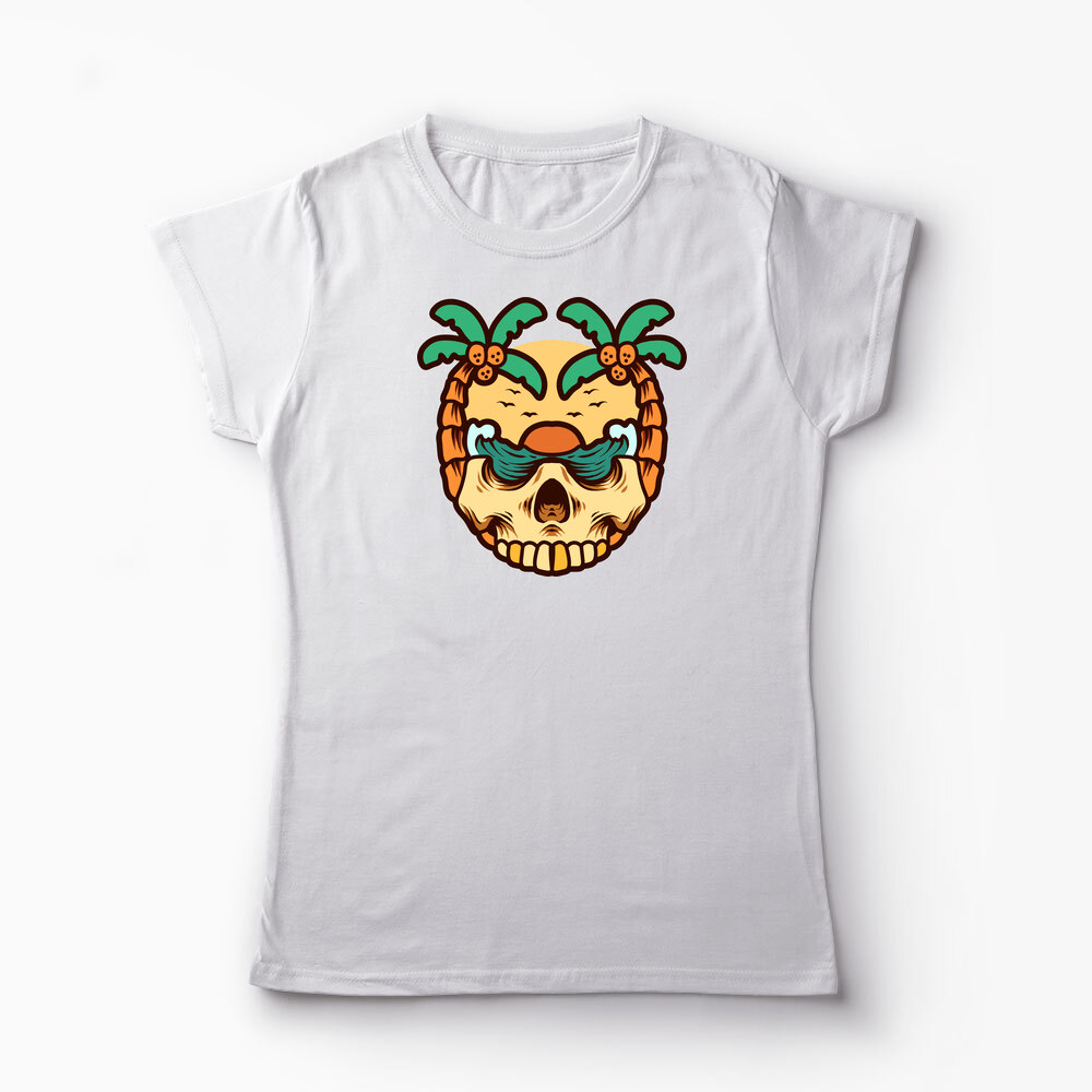 Tricou Personalizat Craniu Ocean Vară Palmieri - Femei-Alb