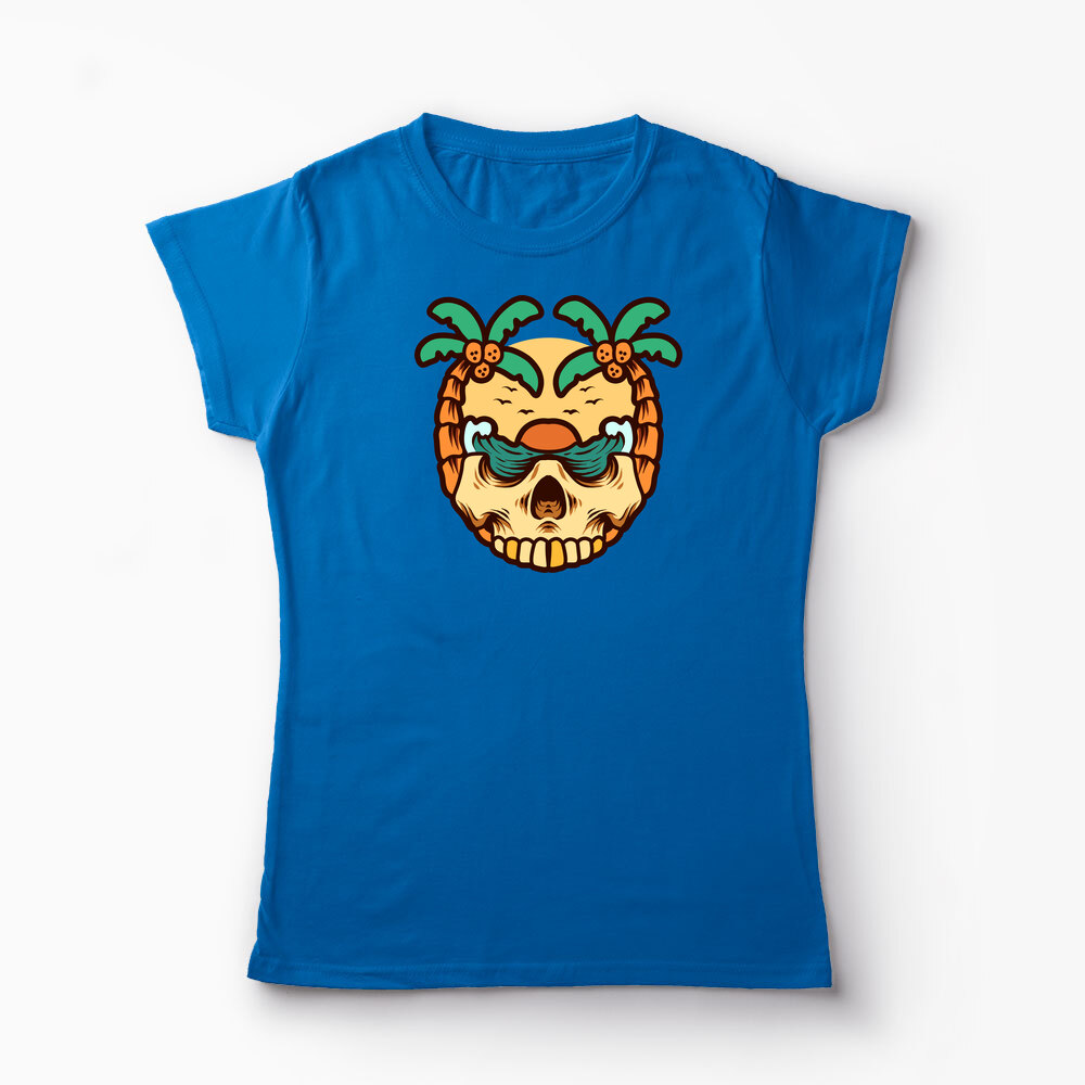 Tricou Personalizat Craniu Ocean Vară Palmieri - Femei-Albastru Regal