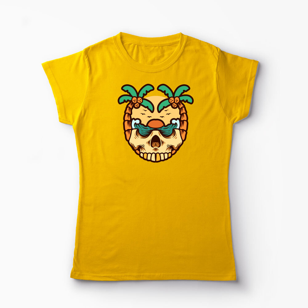 Tricou Personalizat Craniu Ocean Vară Palmieri - Femei-Galben
