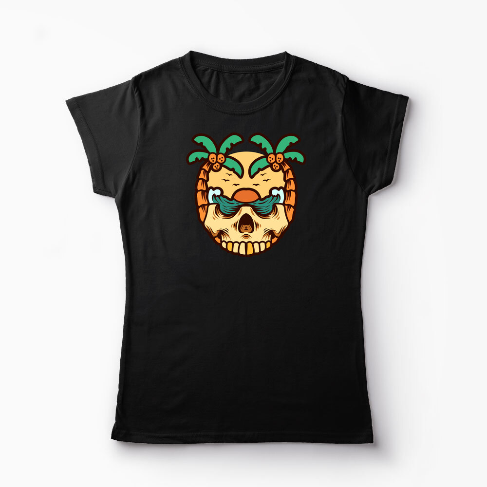 Tricou Personalizat Craniu Ocean Vară Palmieri - Femei-Negru