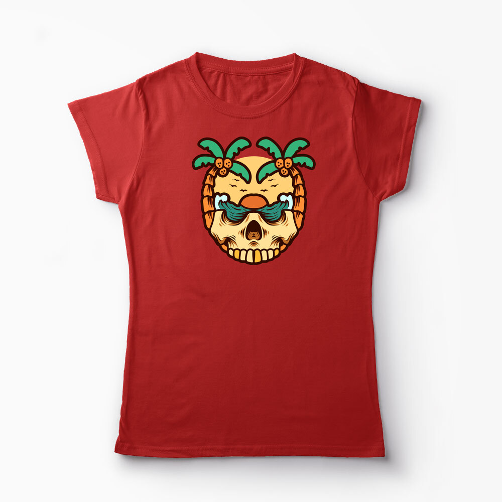 Tricou Personalizat Craniu Ocean Vară Palmieri - Femei-Roșu