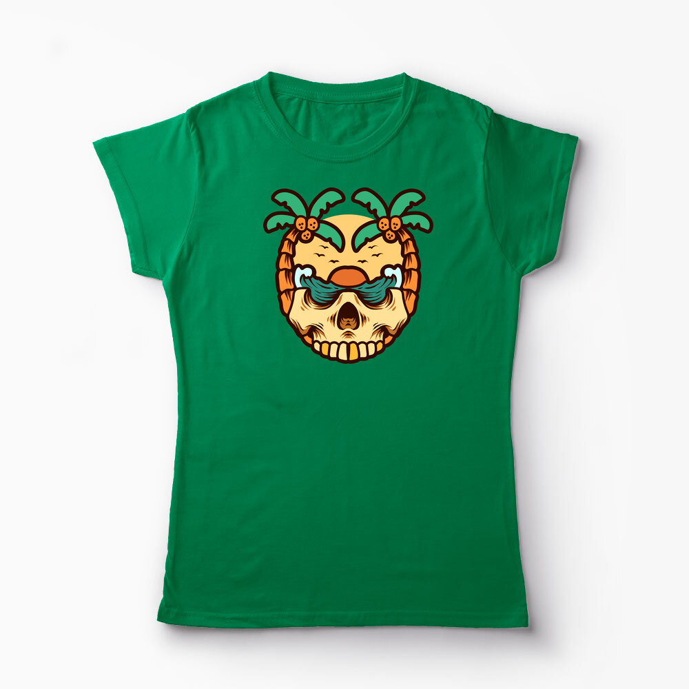 Tricou Personalizat Craniu Ocean Vară Palmieri - Femei-Verde