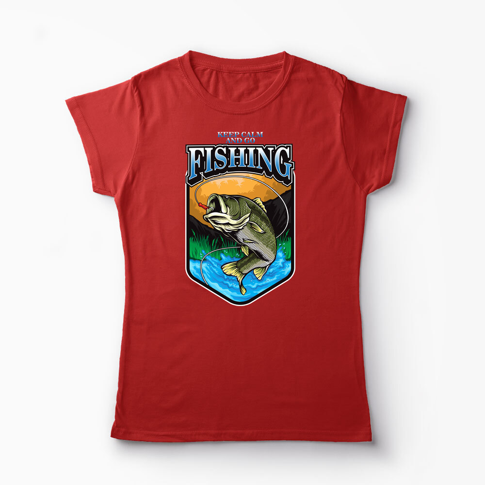 Tricou Personalizat Keep Calm And Go Fishing  - Femei-Roșu