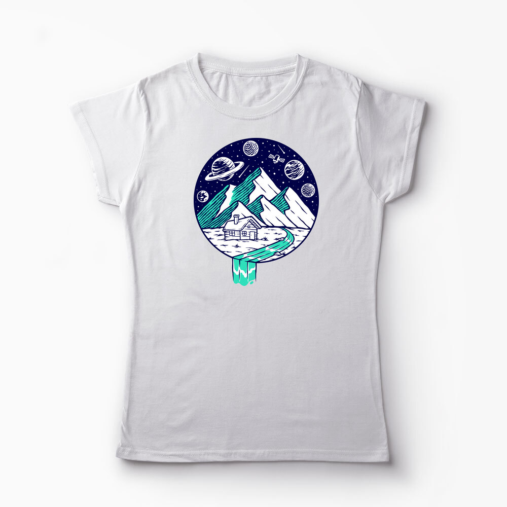 Tricou Personalizat Vedere Munte Noapte Planete Stele - Femei-Alb
