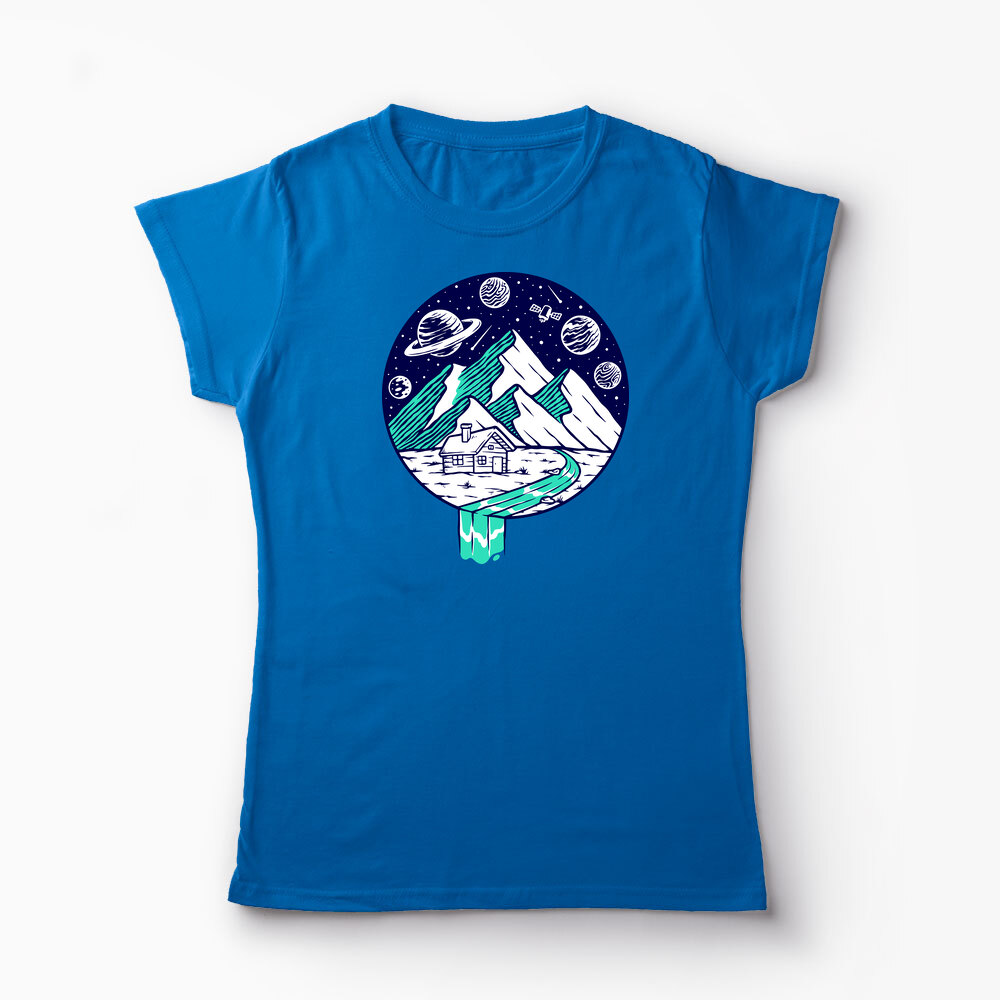 Tricou Personalizat Vedere Munte Noapte Planete Stele - Femei-Albastru Regal
