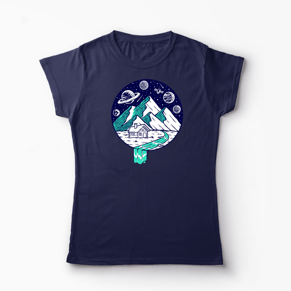 Tricou Personalizat Vedere Munte Noapte Planete Stele - Femei-Bleumarin