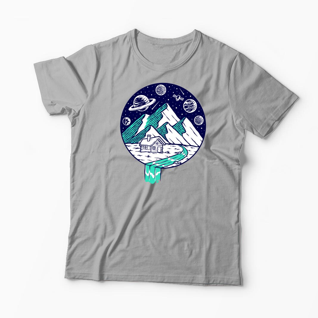 Tricou Personalizat Vedere Munte Noapte Planete Stele - Bărbați-Gri