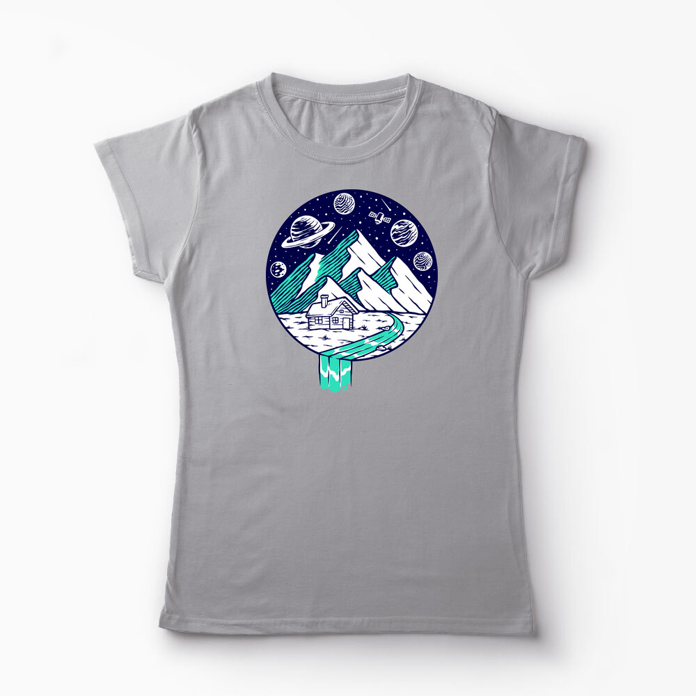 Tricou Personalizat Vedere Munte Noapte Planete Stele - Femei-Gri