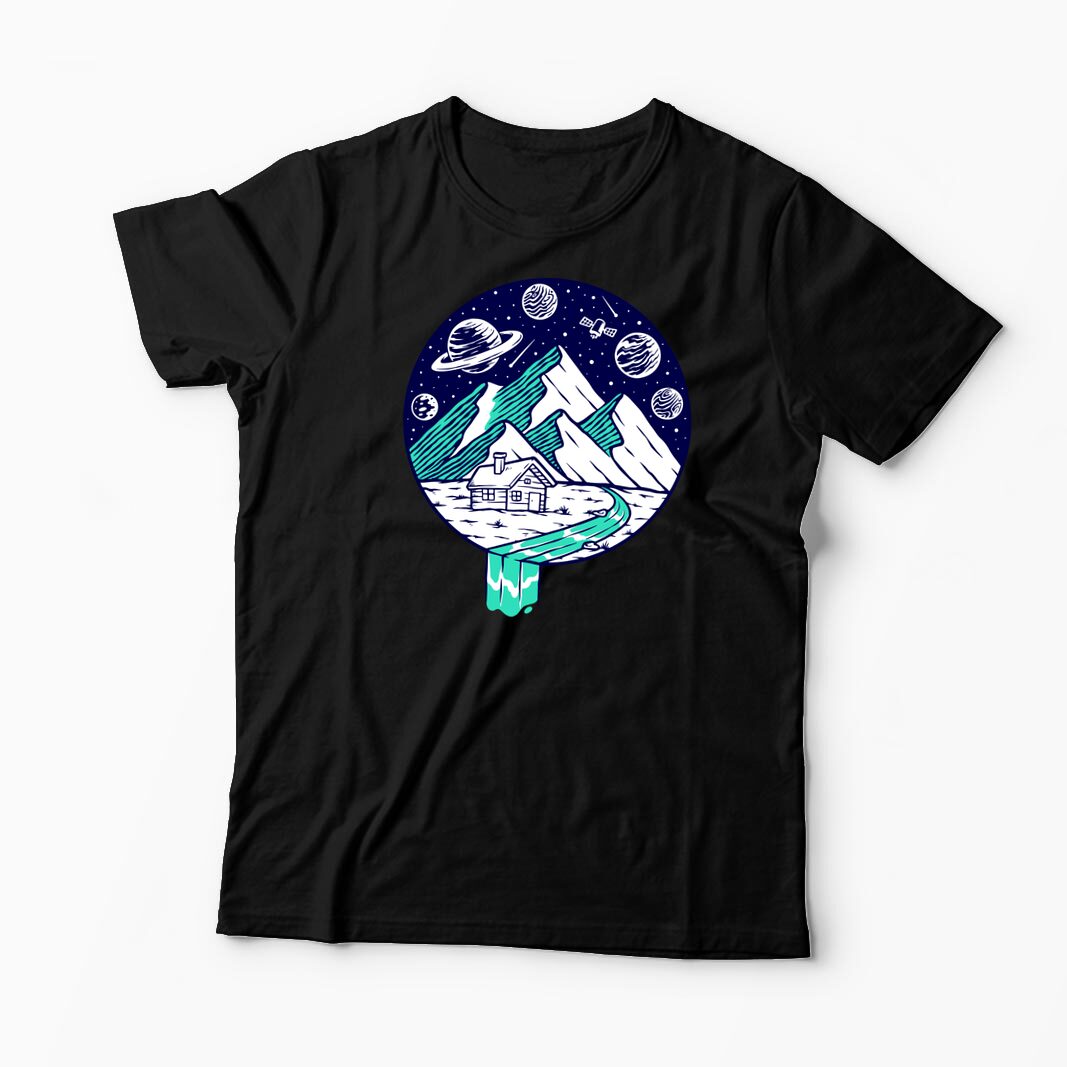 Tricou Personalizat Vedere Munte Noapte Planete Stele - Bărbați-Negru