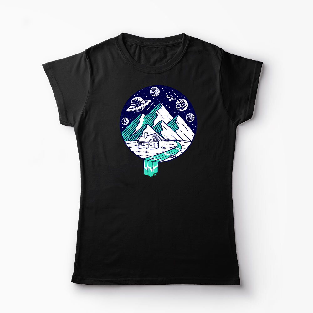 Tricou Personalizat Vedere Munte Noapte Planete Stele - Femei-Negru