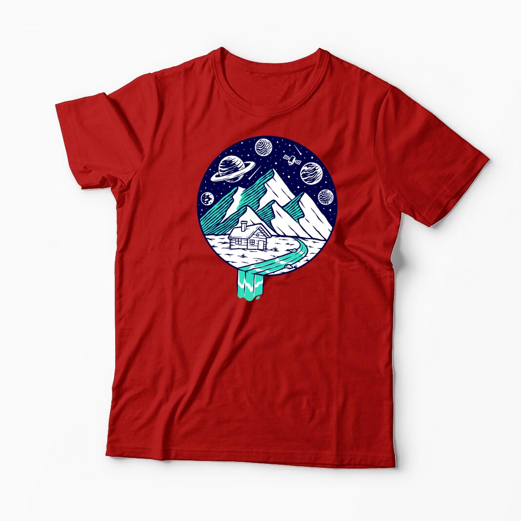 Tricou Personalizat Vedere Munte Noapte Planete Stele - Bărbați-Roșu