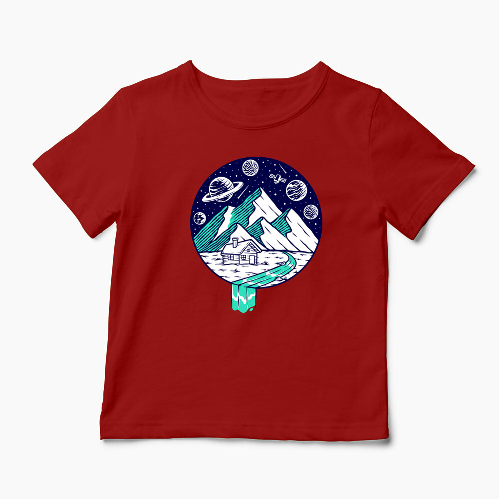 Tricou Personalizat Vedere Munte Noapte Planete Stele - Copii-Roșu