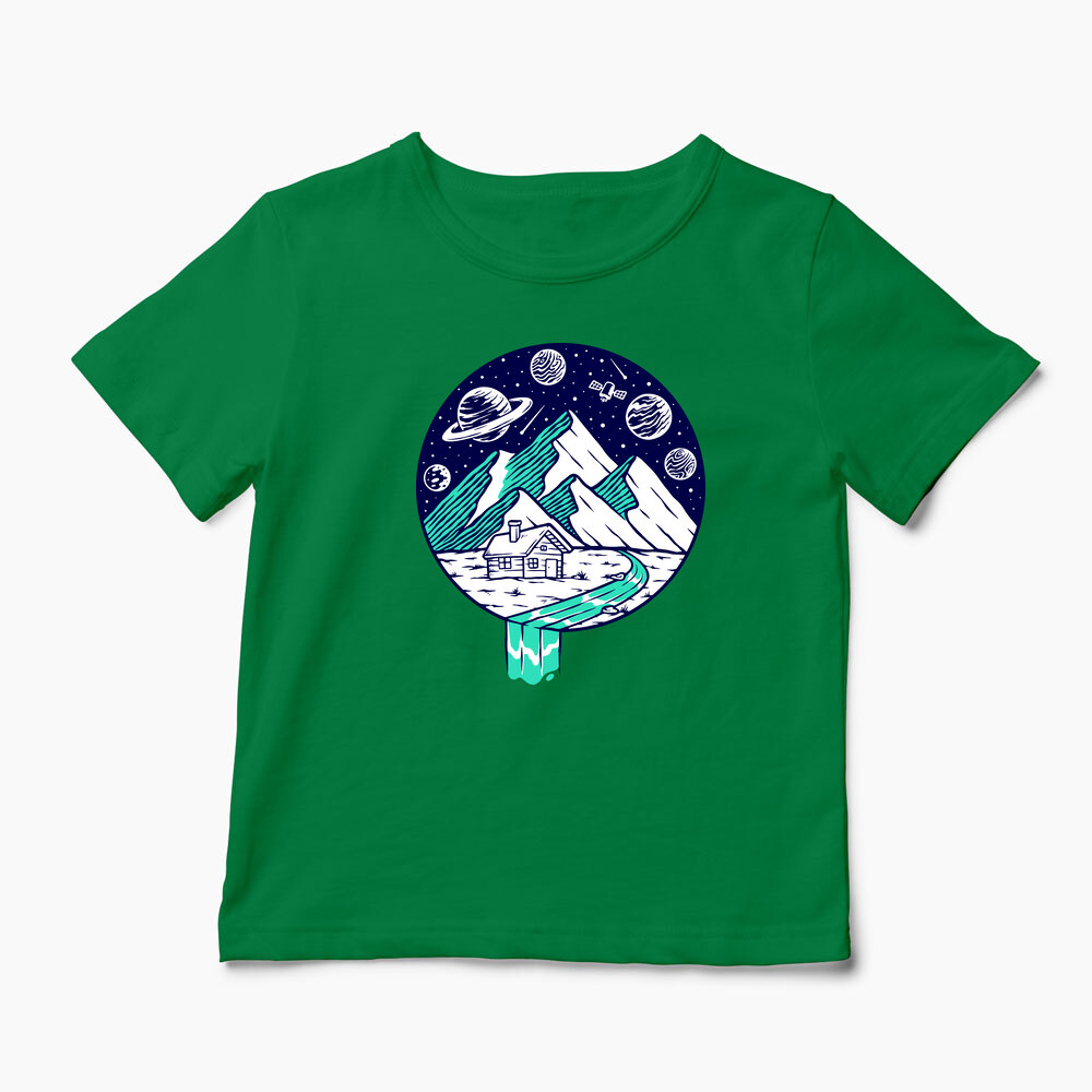 Tricou Personalizat Vedere Munte Noapte Planete Stele - Copii-Verde