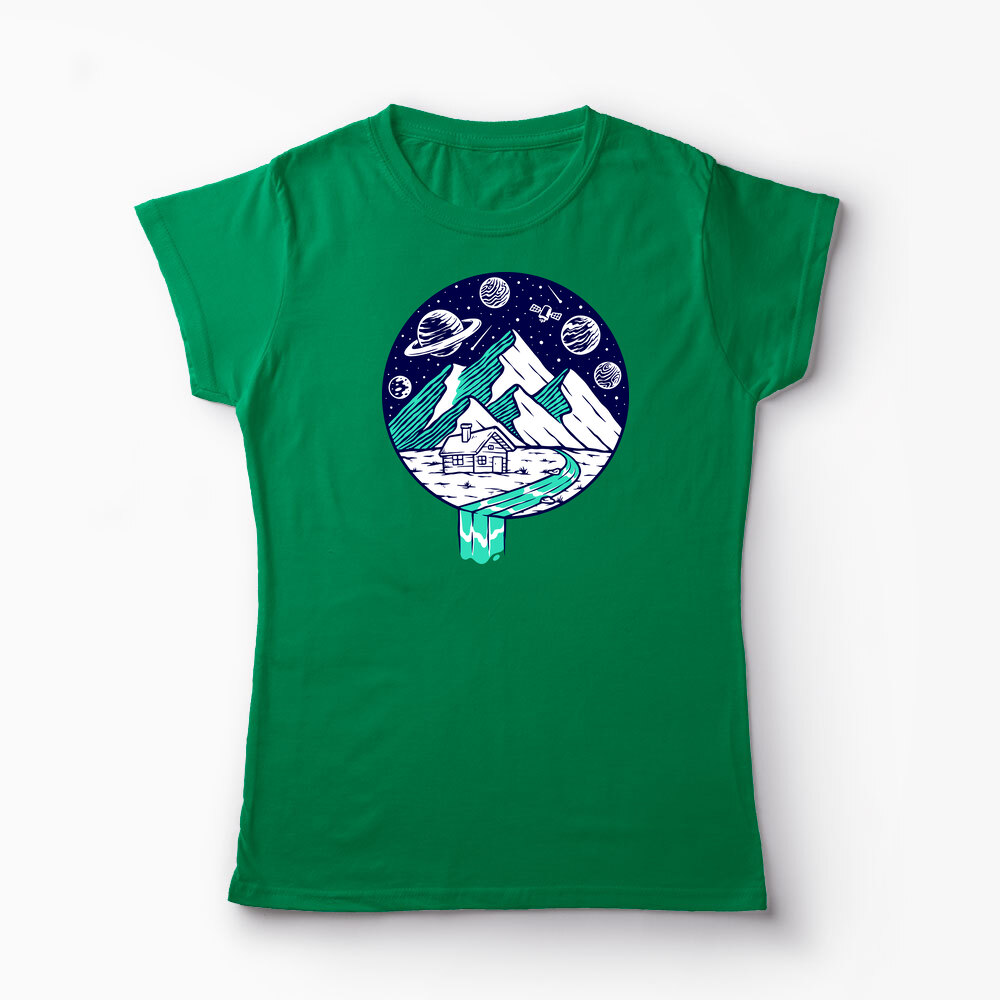 Tricou Personalizat Vedere Munte Noapte Planete Stele - Femei-Verde