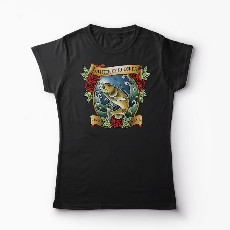 Tricou Pescuit - Vânător de Recorduri - Femei-Negru