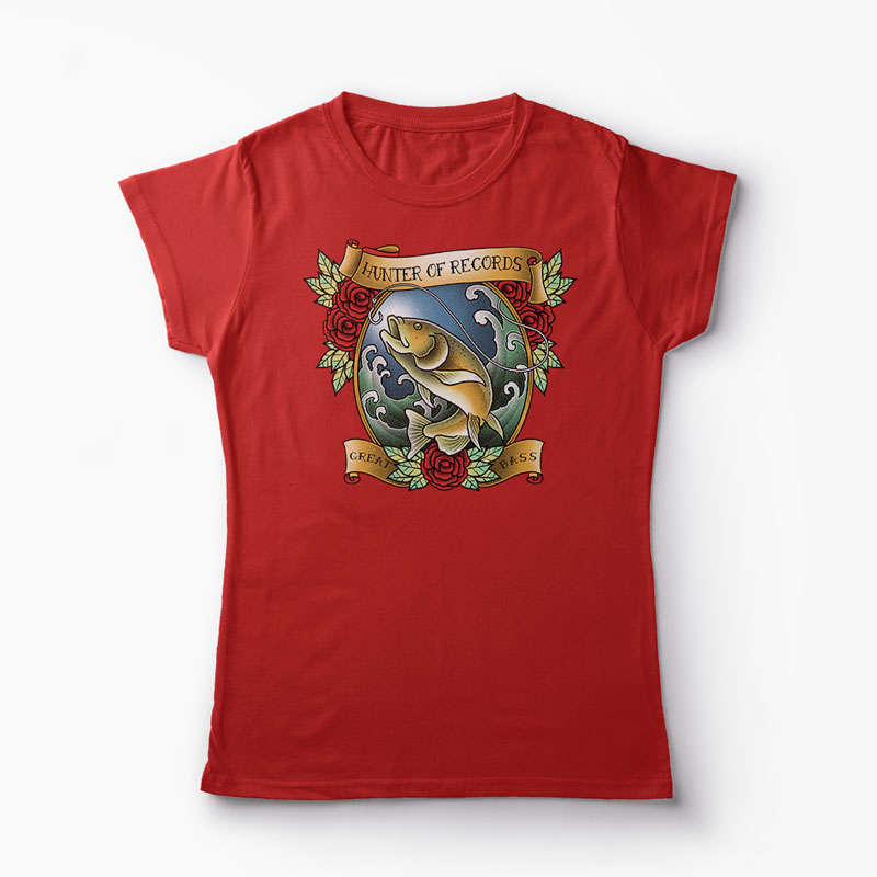 Tricou Pescuit - Vânător de Recorduri - Femei-Roșu