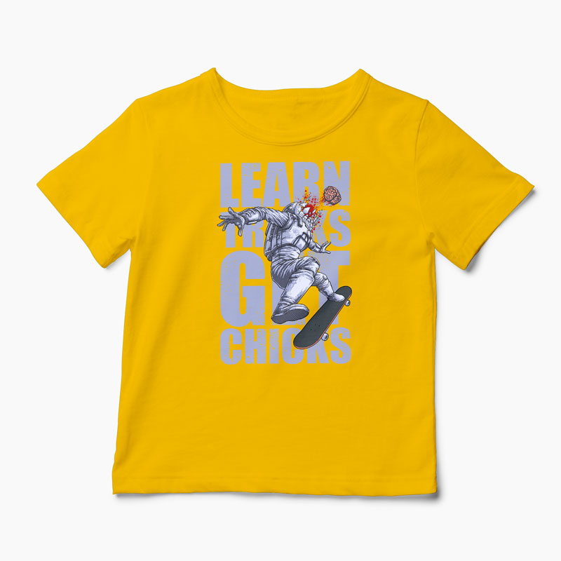 Tricou Skateboard Learn Tricks Get Chicks - Copii-Galben