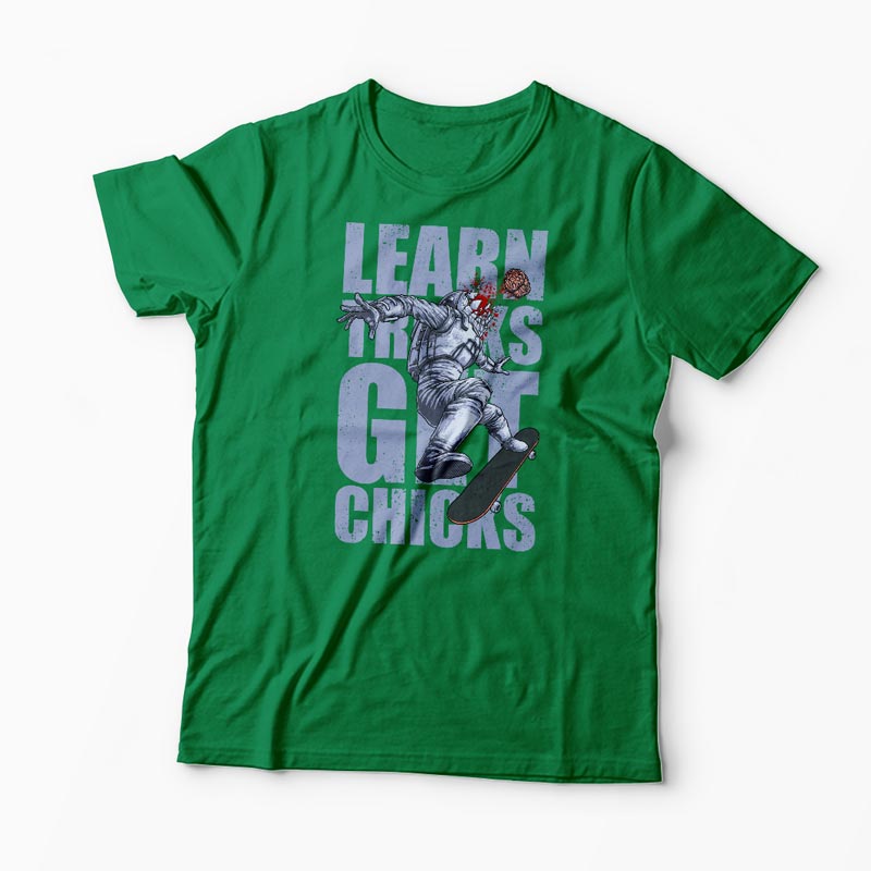 Tricou Skateboard Learn Tricks Get Chicks - Bărbați-Verde