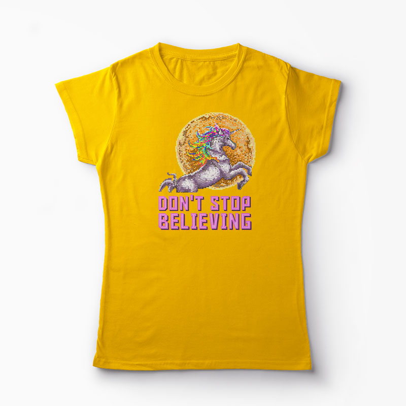 Tricou Unicorn Don't Stop Believing - Femei-Galben