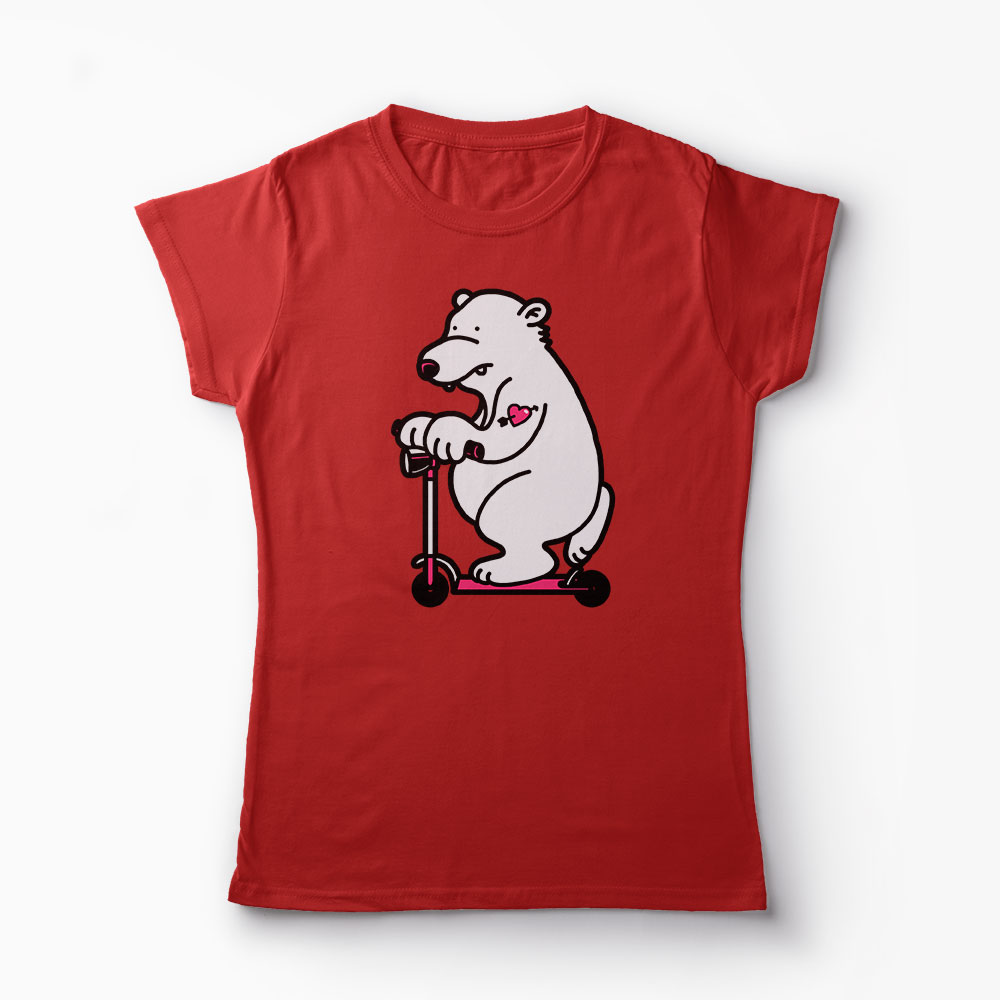 Tricou Urs pe Trotineta - Femei-Roșu