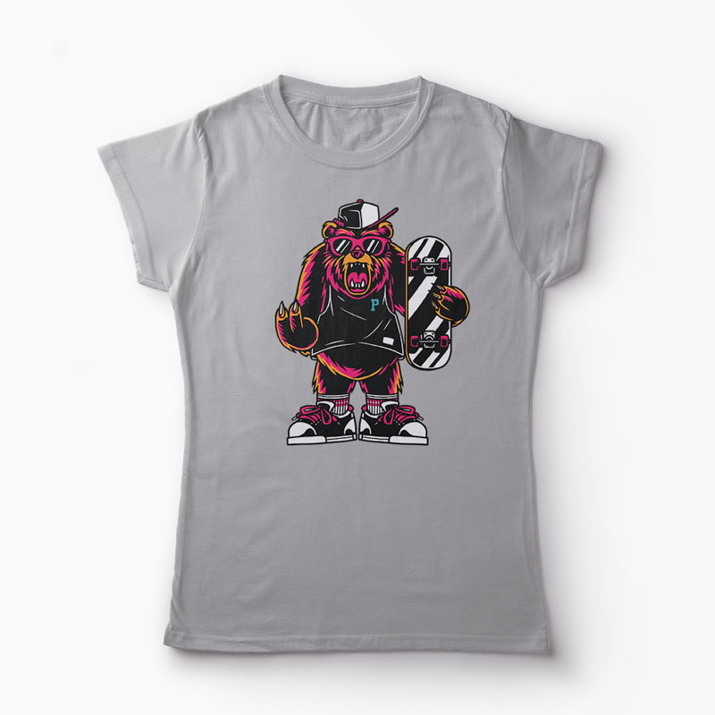 Tricou Urs Skateboard - Femei-Gri