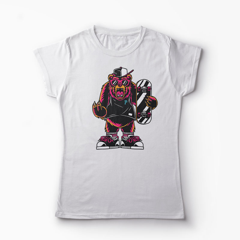 Tricou Urs Skateboard - Femei-Alb