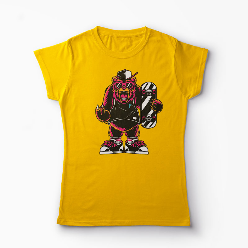 Tricou Urs Skateboard - Femei-Galben