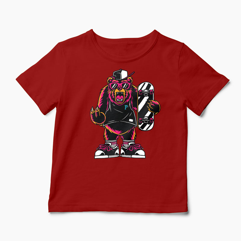 Tricou Urs Skateboard - Copii-Roșu