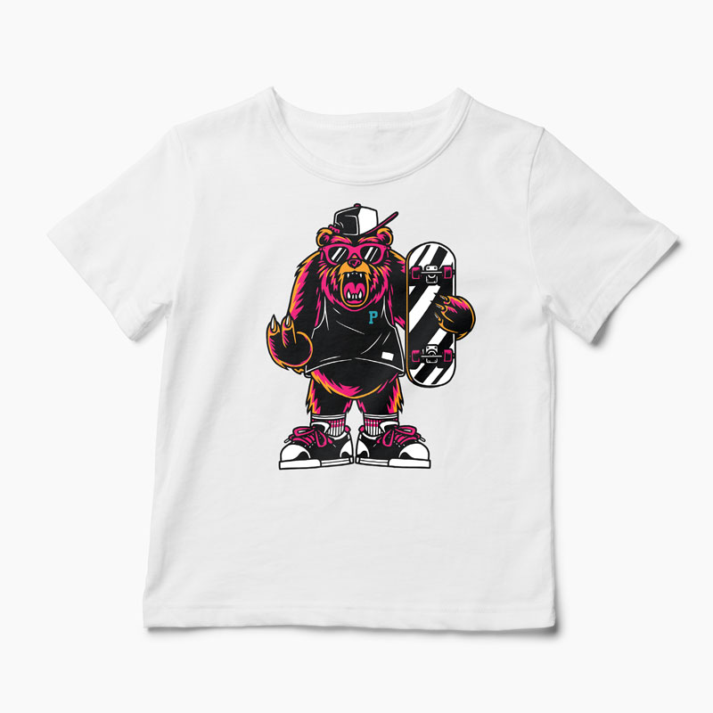 Tricou Urs Skateboard - Copii-Alb