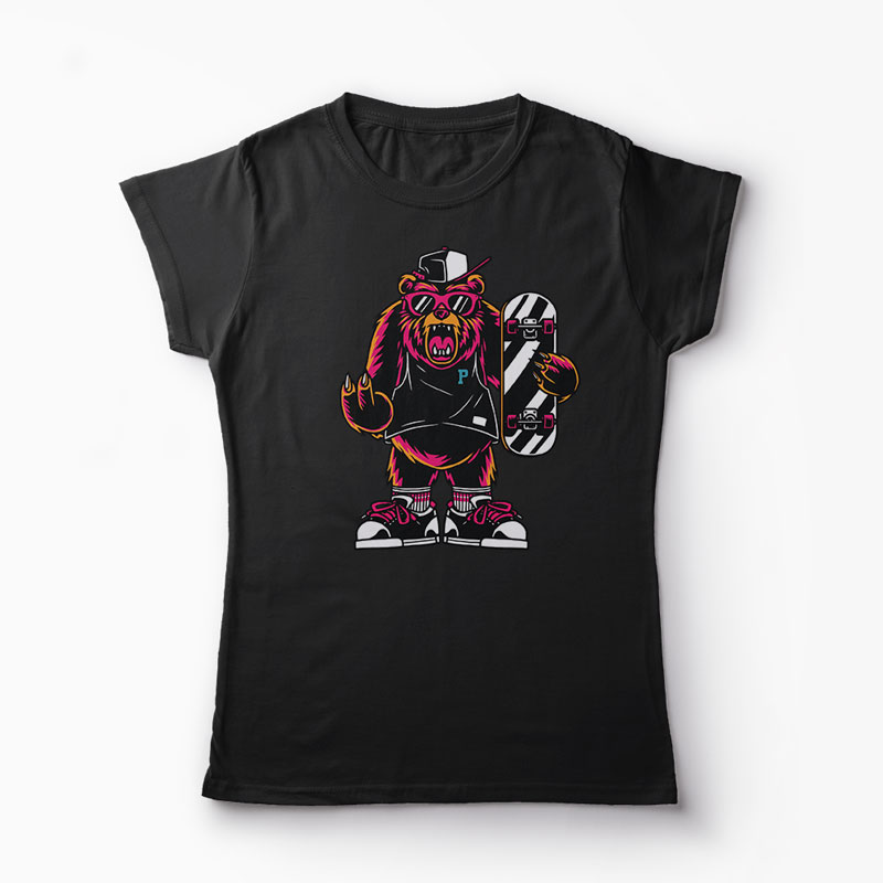 Tricou Urs Skateboard - Femei-Negru